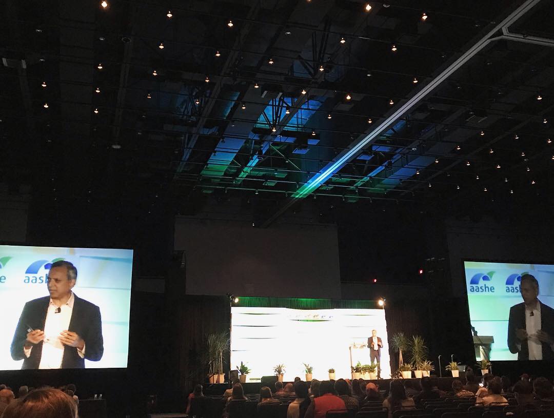 Dr. Paul Shrivastava gives the closing keynote at the AASHE 2018 conference. Photo by Nathan Jandl.