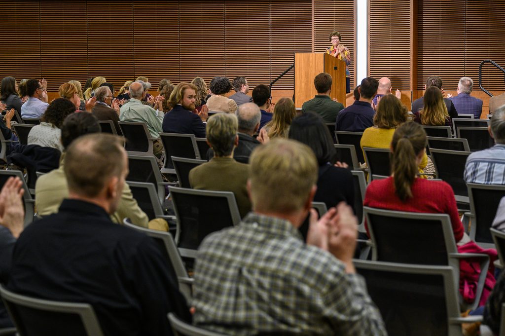Chancellor Rebecca Blank speaks during an announcement event held in the Wisconsin Institute for Discovery (WID)for UW-Madison's STARS sustainability efforts at the University of Wisconsin-Madison on Oct. 7, 2019. (Photo by Bryce Richter /UW-Madison)