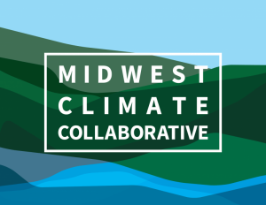 Words "Midwest Climate Collaborative" over green and blue landscape