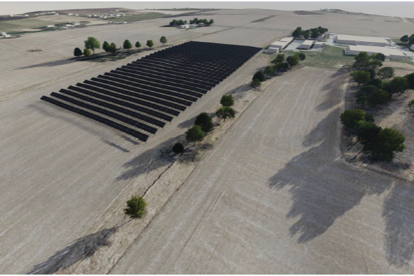 Digital rendering of an overhead view of farmland with a solar array toward the top.