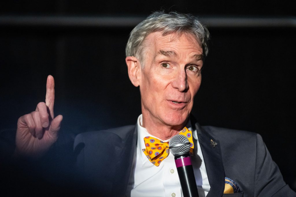 Science educator and television personality Bill Nye “The Science Guy” speaks during his presentation, “Let’s Talk Climate Change, a Conversation with Bill Nye,” before a student audience of nearly 3,000 at the Kohl Center at the University of Wisconsin–Madison on April 25, 2022. The event, also streamed online, was hosted by the Wisconsin Union Directorate’s (WUD) Distinguished Lecture Series. (Photo by Jeff Miller / UW–Madison)