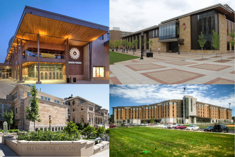 Four campus buildings at different times of day and night