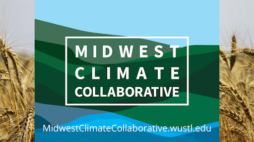 Green mountains with blue sky graphic behind the words Midwest Climate Collaborative