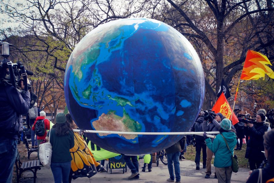 blue globe being carried by protesters on a winter day