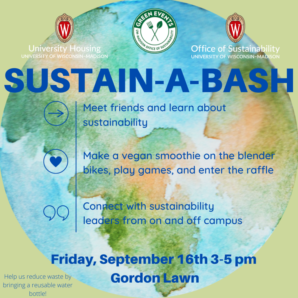 Information about Sustain-a-Bash in front of a watercolor earth image with the logos for the Office of Sustainability, the Green Fund, and University Housing at the top of the image