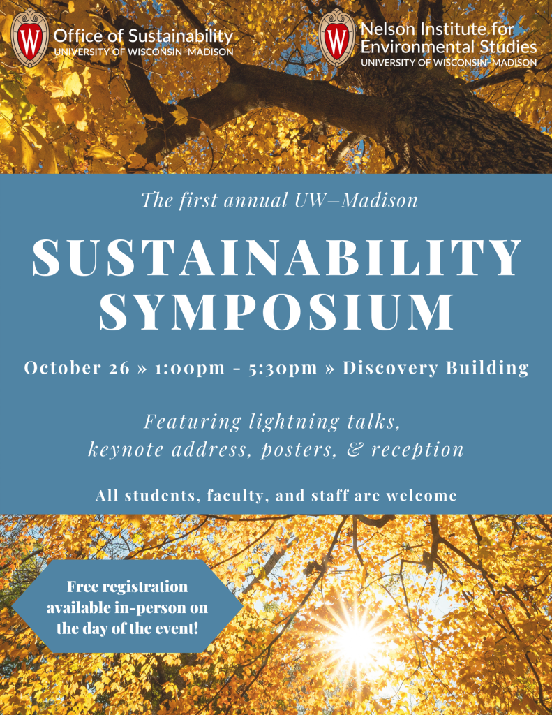 Symposium information in white lettering over a blue bar with an autumnal tree in the background