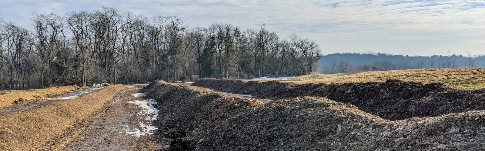 A photo of the windrow composting process.