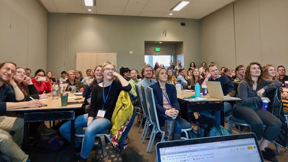 2019 AASHE conference attendees actively listening to 'Why So Serious: Making Space for Silliness, Humor and Fun in Sustainability Communications' session.
